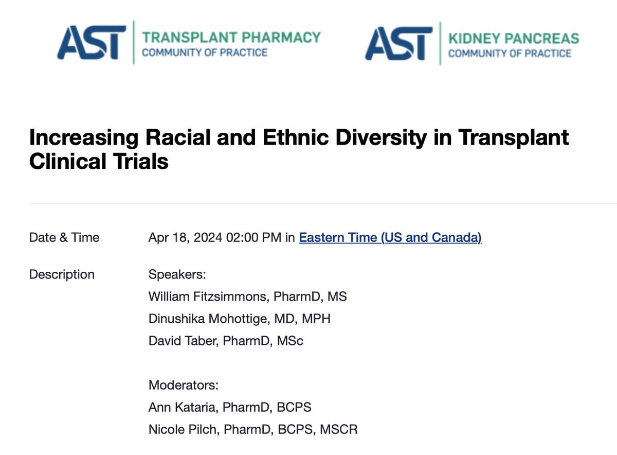 .@AST_info Webinar Thursday 4/18 at 2P ET: 'Increasing Racial & Ethnic Diversity in Transplant Clinical Trials' Register here: us06web.zoom.us/webinar/regist… @DMohottige #KidneyTransplant #Nephrology