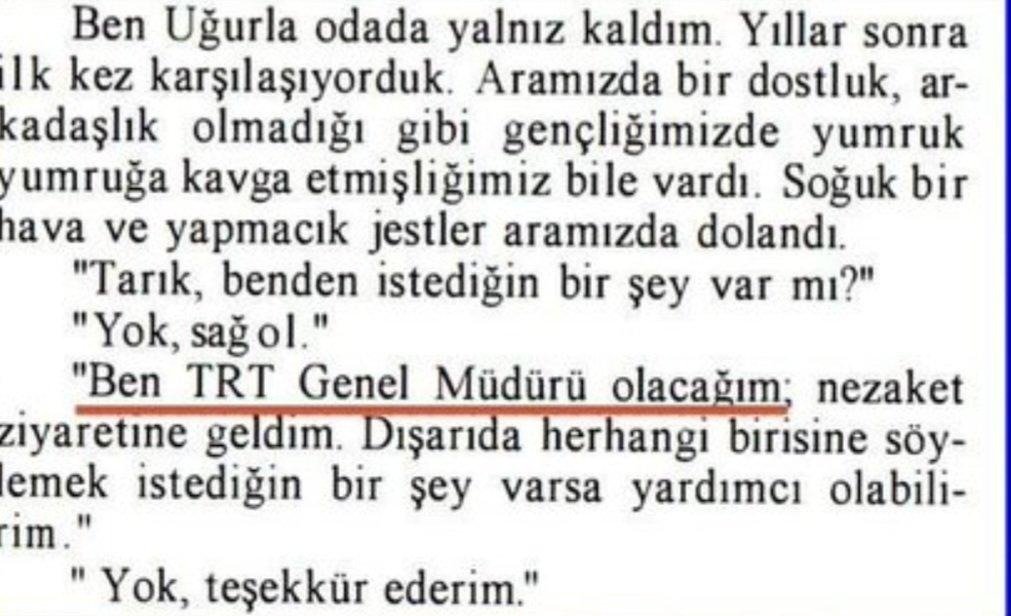 Tarık Akan'ın Anne Kafamda Bit Var kitabında anlattığı, Uğur Dündar'la arasında geçen diyalog.

Ruhu şad olsun...