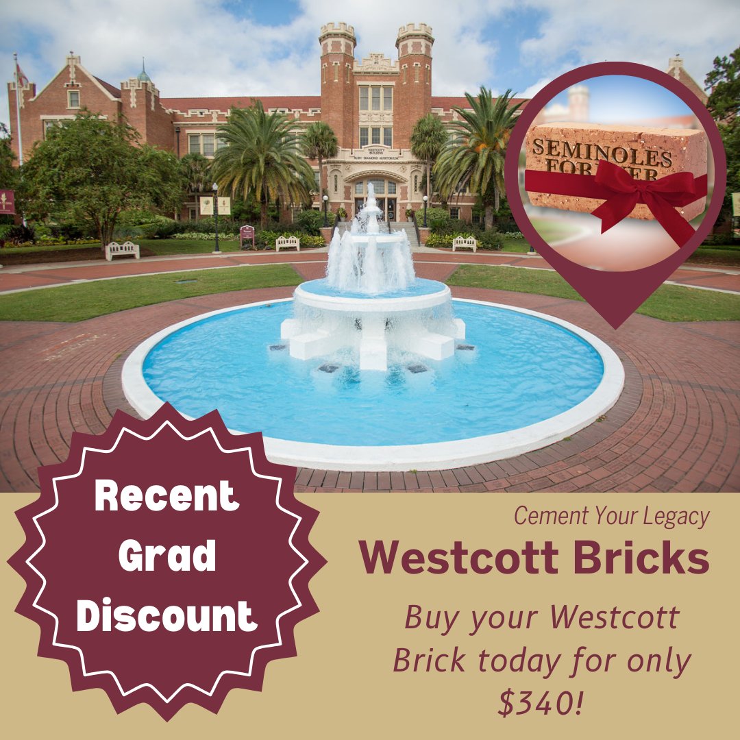 🎓 Calling all current seniors! You are eligible for the Recent Grad Discount. Get your Westcott Brick today and immortalize your memories at FSU! To get your discounted brick visit: gonol.es/westcottbrick