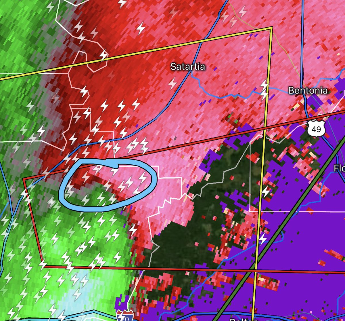 TORNADO WARNING with bookend vortex that just crossed the MS River northeast of Vicksburg! Flora and maybe Bentonia are in the path!