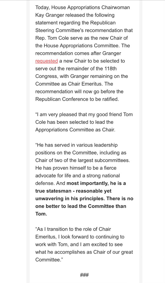 Kay Granger’s statement passing the torch after GOP Steering selects Tom Cole for Appropriations Chair