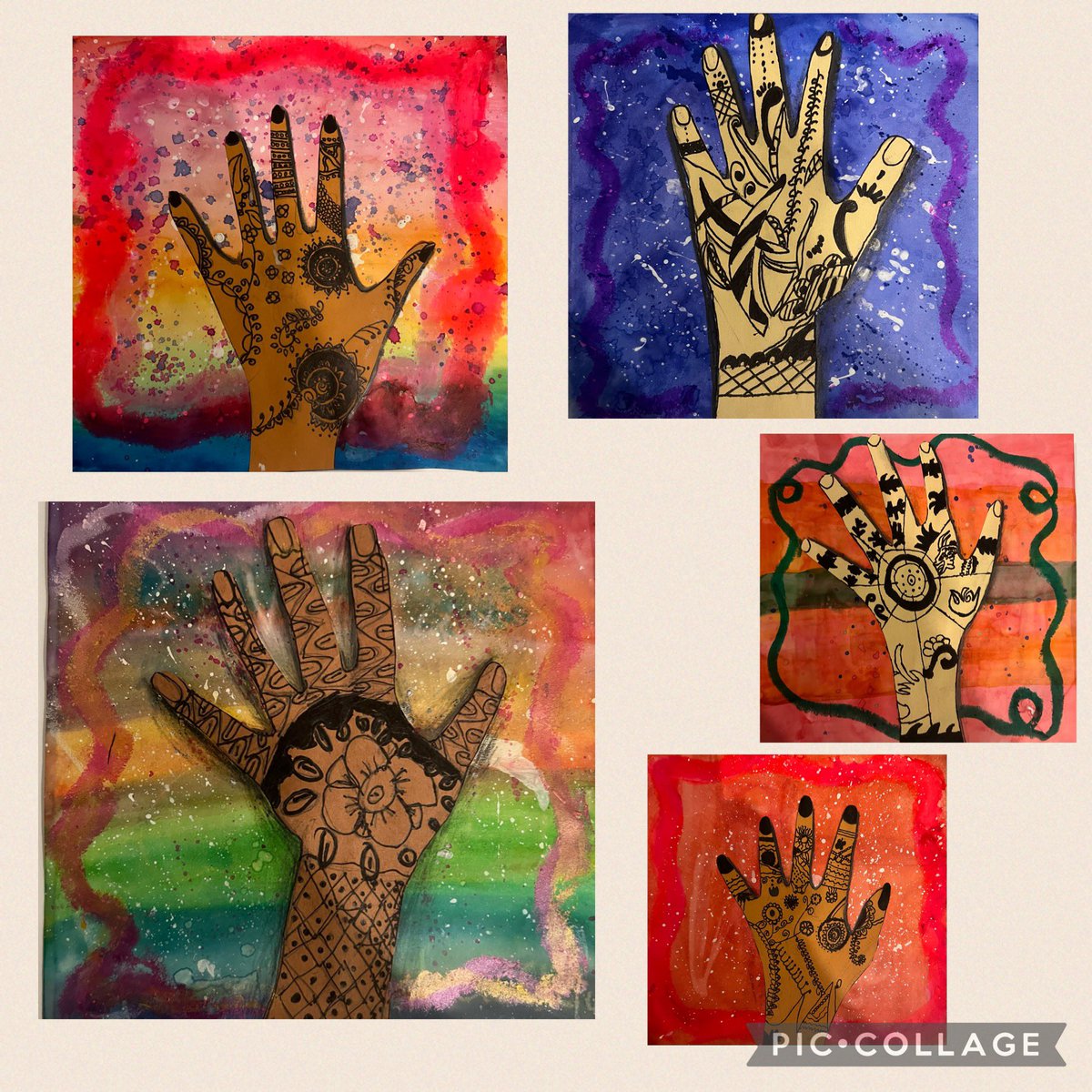 4th grade artists learning the cultural art of Mehendi✋🏽✋🏿✋🏻Students created their unique Henna Hand by tracing their own hand and using a mixed media of Sharpie markers, watercolor paint & Ebony pencil for shading🤩 #multiculturalart @CMSmtolive @NicoleMusarra @ashleylopez210