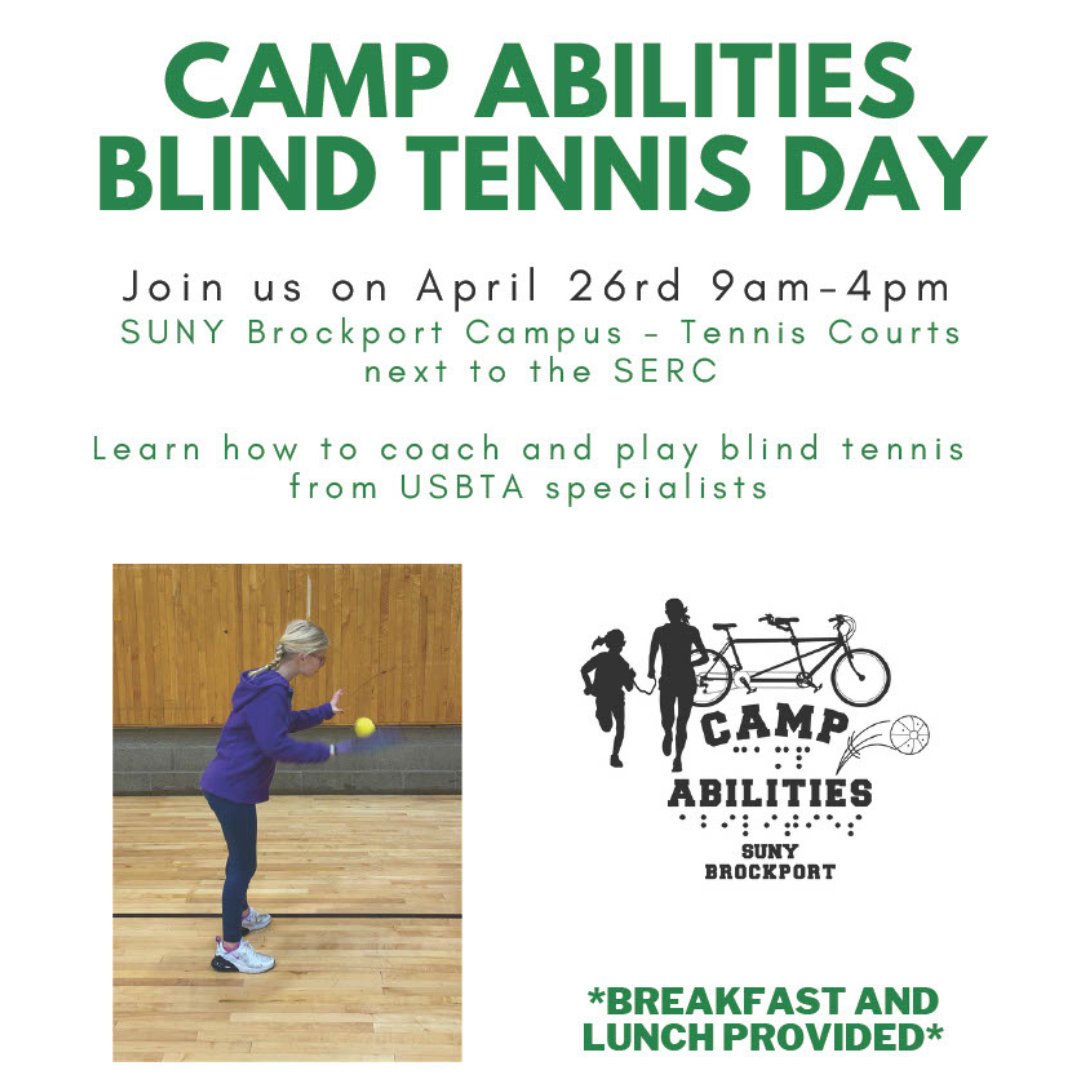 United States Blind Tennis Association (USBTA) specialists and Camp Abilities Brockport will host a free session on how to coach and play blind tennis at SUNY @Brockport on April 26. Email campabilitiesbrockport01@gmail.com to register.