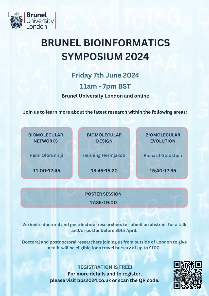 Michelle Sahai (@menz_mas) on Twitter photo π’π’Registration is open for ECRs in Biomolecular Design/Evolution/Networks to join us <a href="/Bruneluni/">Brunel University of London</a>'s Computational Biology Symposium 2024, London UK on 7thΒ June 2024 (register at bbs2024.co.uk). Deadline to submit abstract is 30thΒ April <a href="/BrunelCompSci/">Brunel Computer Science</a> <a href="/BBiosci/">Brunel Biomedical Sciences</a> #BBS2024 π’π’Registration is open for ECRs in Biomolecular Design/Evolution/Networks to join us <a href="/Bruneluni/">Brunel University of London</a>'s Computational Biology Symposium 2024, London UK on 7thΒ June 2024 (register at bbs2024.co.uk). Deadline to submit abstract is 30thΒ April <a href="/BrunelCompSci/">Brunel Computer Science</a> <a href="/BBiosci/">Brunel Biomedical Sciences</a> #BBS2024