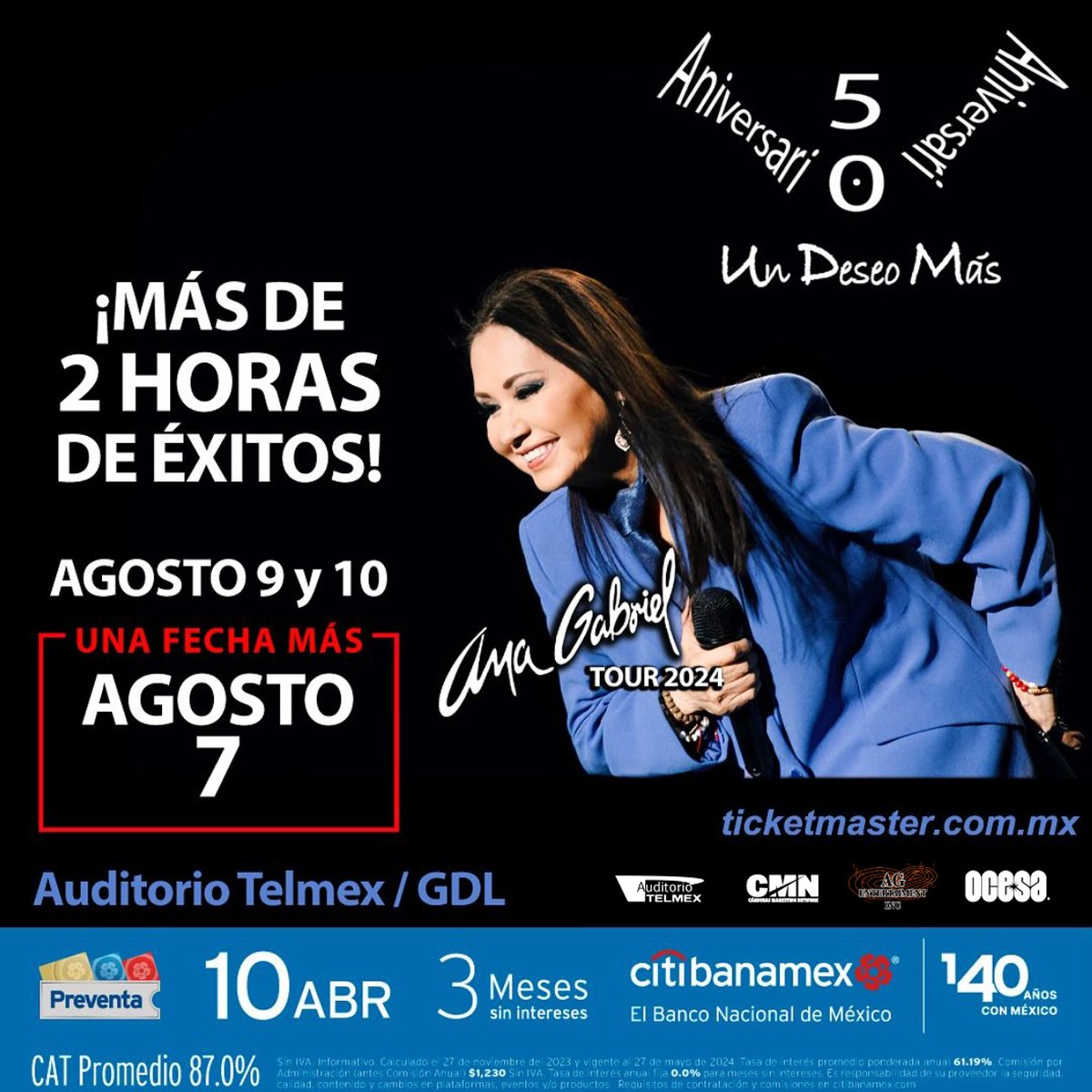 ¡Dos fechas jamás serán suficiente para la Diva de América! 🔥 Abrimos la tercera fecha para Ana Gabriel en el Auditorio TELMEX 🤩 📅 07 Agosto | 🕗 21:00 hrs 🎫 Boletos a la venta en Ticketmaster y taquilla del Auditorio TELMEX sin cargo por servicio.