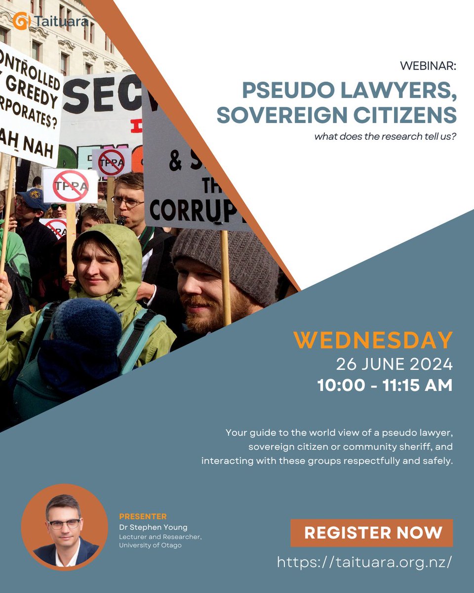 Join us at Webinar: Pseudo lawyers, sovereign citizens – what does the research tell us? Your guide to the world view of a pseudo lawyer, sovereign citizen or community sheriff, and interacting with these groups respectfully and safely. Register today: tinyurl.com/55398bdt
