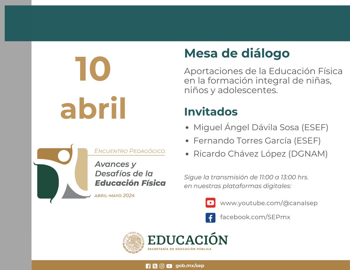 ¡Únete a la transmisión "Encuentro pedagógico. Avances y Desafíos de la Educación Física"! ⚽🛝

Expertos en la materia nos hablarán sobre las aportaciones de esta disciplina en la formación integral de las y los estudiantes. ⛹🏾📚✨

⏰ Miércoles 10 de abril, a las 11:00 h.