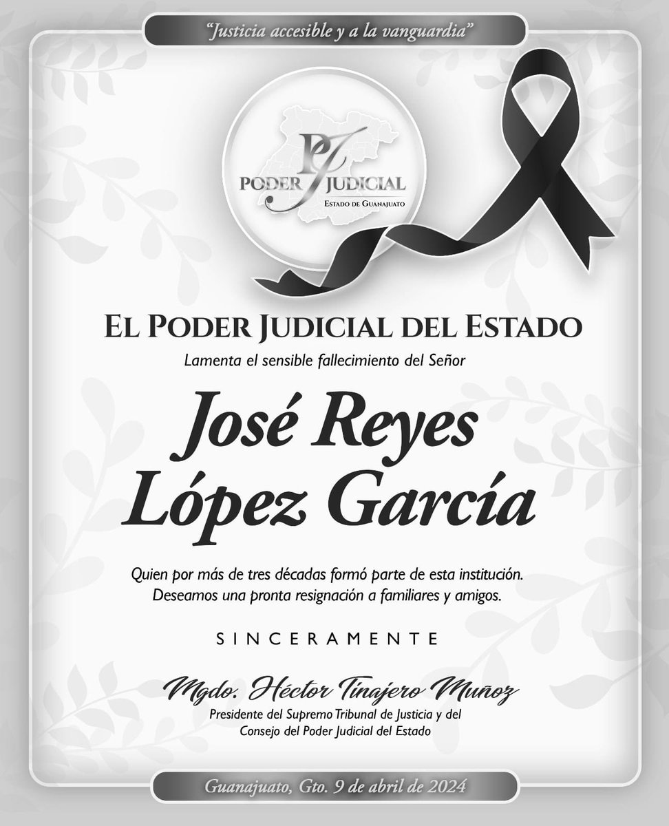 Lamentamos el fallecimiento del Señor José Reyes López García, quien por más de tres décadas formó parte de esta institución. Deseamos a sus familiares y amigos una pronta resignación.