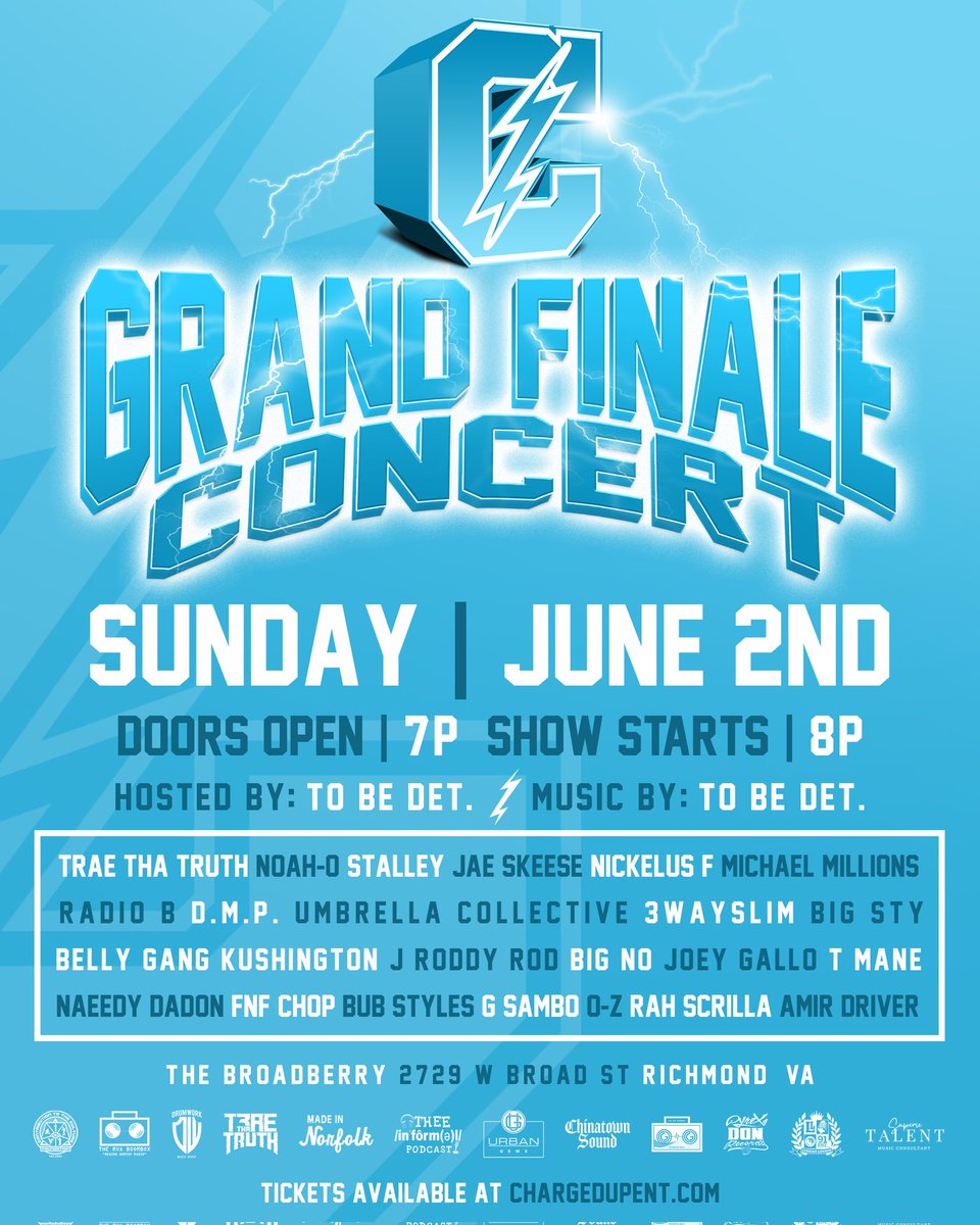 Charged Up Fest : Grand Finale 6/2/24 Richmond Va Early Bird tickets pricing through April etix.com/ticket/p/33183… Starring @TRAEABN @ChargedUpNoahO @Stalley @JaeSkeese @NickelusF @MichaelMillions @Radioblitz @Khizman @ProDillinger @3waySlim @BigSty and more