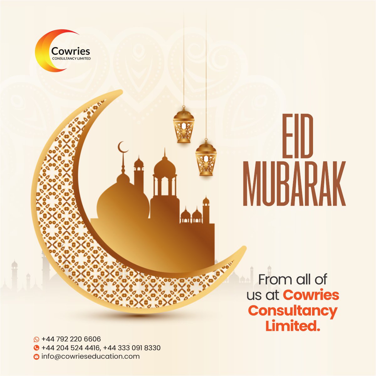 May this Eid bring you joy, peace, and success. Warmest Eid Mubarak wishes from Cowries Consultancy Limited. #EidMubarak #EidWithCowries #EidGreetingsFromCowries #EidJoyWithCowries #CelebrateEid #Eid2024 #CowriesEducation #CulturalUnity #EidCelebration #JoyfulEid