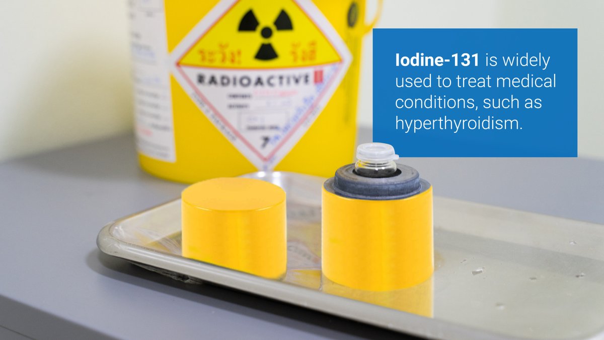 Iodine-131 is a radioisotope widely used to treat medical conditions like hyperthyroidism. Therapeutic radiopharmaceuticals are designed to travel inside the body and destroy or weaken unwanted cells or tissues like tumours or overactive thyroid cells. 👉 atoms.iaea.org/3SqAcNJ