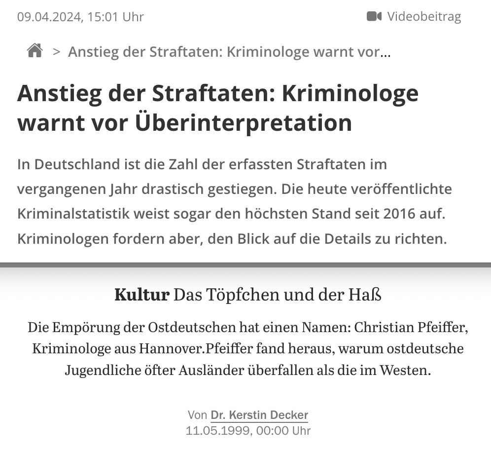 Der seit Ewigkeiten durch die Medien wabernde Kriminologe Christian Pfeiffer (SPD), der es zum niedersächsischen Justizminister gebracht hatte, beeindruckt mich fast ein wenig in seiner Verlässlichkeit, falsch zu liegen. Aktuell behauptet er ernsthaft, dass die…