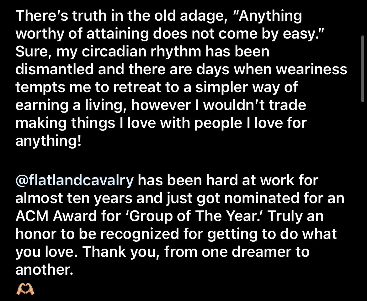 .@FlatlandCavalry was nominated for a big ACM award today and Cleto Cordero’s IG post about it just might be the best thing you read today. Put a score on the board for the humble folks indeed.