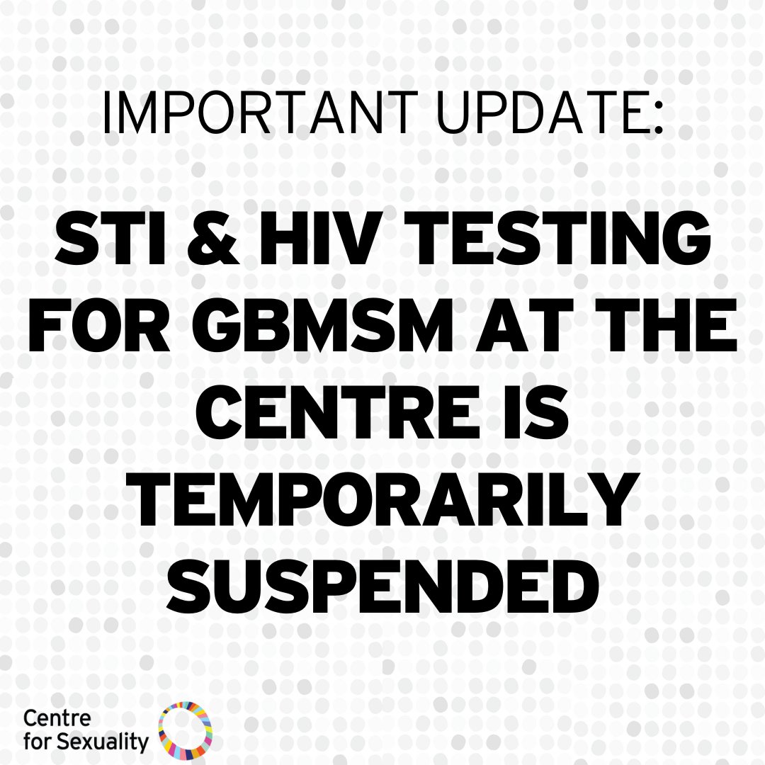 As of April 9, STBBI testing, and treatment services provided by the AHS Safeworks team have been temporarily suspended. This means our testing clinics for GBMSM STBBI testing are canceled for the time being. Visit centreforsexuality.ca/programs-servi… for more info and alternatives. #yyc