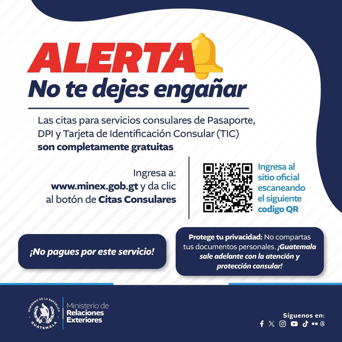 ⚠️ ¡Recuerda!⚠️ 📅 La cita es 𝗚𝗥𝗔𝗧𝗨𝗜𝗧𝗔, 𝗣𝗘𝗥𝗦𝗢𝗡𝗔𝗟 𝗲 𝗜𝗡𝗧𝗥𝗔𝗡𝗦𝗙𝗘𝗥𝗜𝗕𝗟𝗘. ¡Nadie debe cobrarte por este servicio! 👉 Agenda tu cita de manera segura, ingresa a minex.gob.gt y da clic al botón de 𝗖𝗶𝘁𝗮𝘀 𝗖𝗼𝗻𝘀𝘂𝗹𝗮𝗿𝗲𝘀