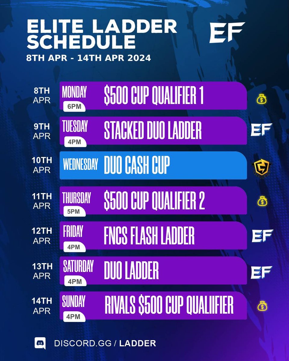 Our $500 Cup Qualifiers continue this week and we're hosting a couple Duo Ladders to prepare you for FNCS! 🏆 Check the full schedule below for our hosting dates: