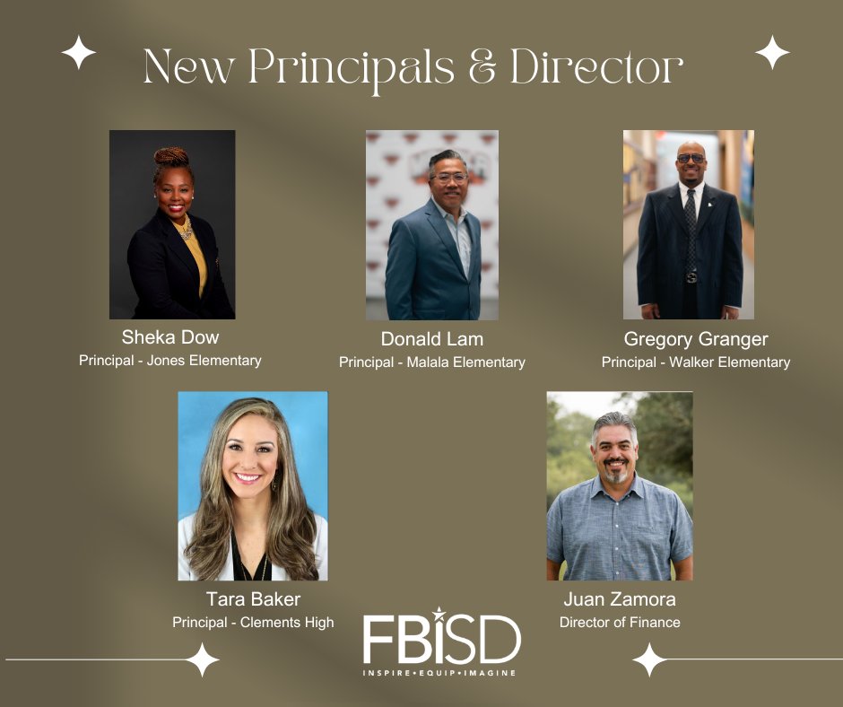 Congratulations to our newest principals and finance director who were announced during last night's Board Agenda Meeting. Your dedication to student growth and strong leadership skills have earned you the trust of our Fort Bend ISD school community.