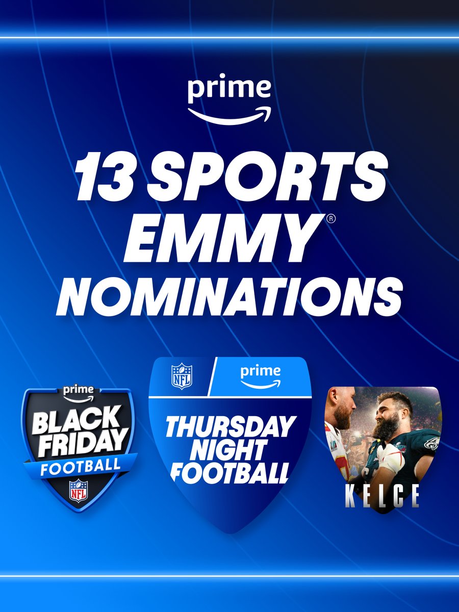 Congratulations to the @PrimeVideo team on earning 13 @sportsemmys nominations, including 11 for @NFLonPrime and two for Prime Video's documentary-film KELCE. 👏 📺 @NFLonPrime 🎙️ @KayleeHartung 🎙️ @TaylorRooks 📺 @JasonKelce