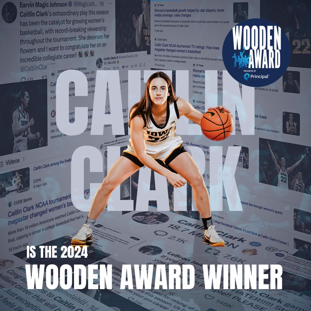 After a record-breaking season and tournament run, Caitlin Clark is the winner of the 2024 John R. Wooden Award Women’s Player of the Year Presented By Principal @principal @caitlinclark22 @iowawbb @LAAC