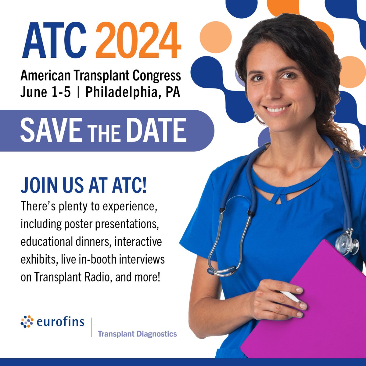 Save the Date: June 1-5 👉 #ATC2024philly 🔔 Don't miss important updates, FOLLOW us and turn on the notification bell. See you in #Philadelphia. @ATCMeeting #ATC2024 #MedTwitter #ATC2024eurofinstransplant