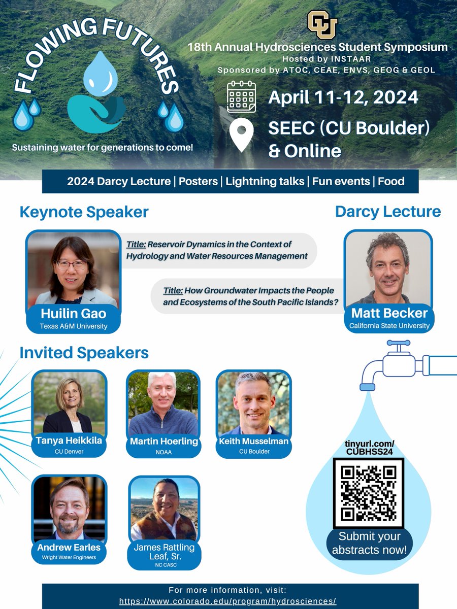💧This week: 18th Hydrosciences Student Symposium, Thu-Fri April 11-12 @CUBoulder SEEC S228 & online. Free to attend but need to register by Wed April 10 buff.ly/3uP2GsS