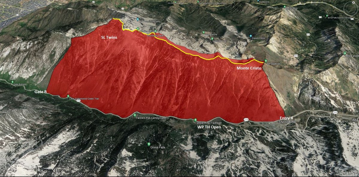 Backcountry Closure, LCC Mid Canyon North Side, Gate B to Snowbird Entry 4. Closed 4/9, 10pm to 4/10, 3pm for helicopter avalanche mitigation. Please help us to quickly and safely clear this area by not roadside parking in mid-LCC during the backcountry closure times. Thank you.