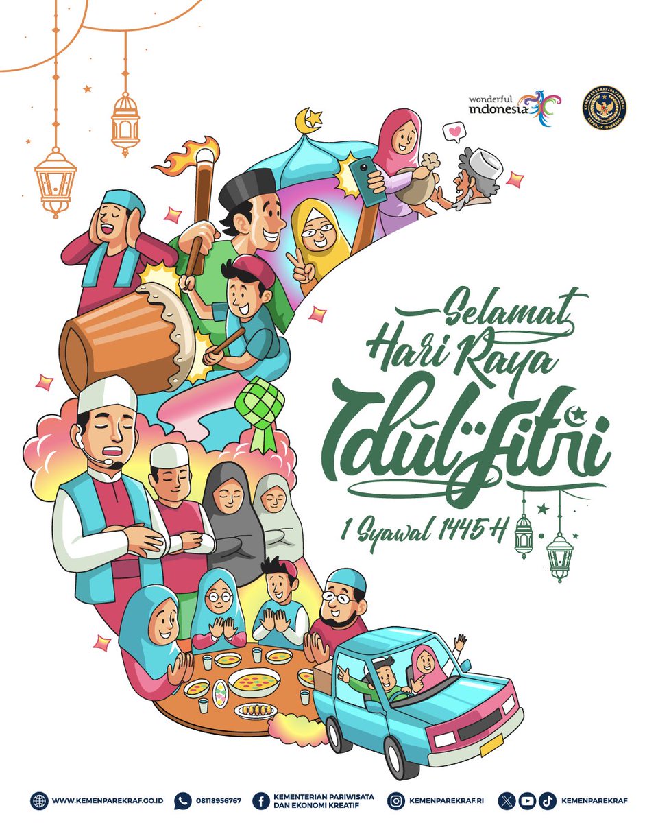 Dengan segala kerendahan hati, Kemenparekraf/Baparekraf mengucapkan selamat Hari Idulfitri 1445H kepada seluruh #SobatParekraf di seluruh Indonesia ☪️ Taqabalallahu minna wa minkum, mohon maaf lahir dan batin 😊 #Idulfitri #EidAlFitr #WonderfulIndonesia #PesonaIndonesia