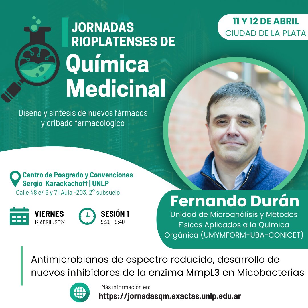 😊 Falta muy poco para encontrarnos!  Te presentamos a quienes nos van a acompañar con sus charlas.
👉Dr. Fernando Durán de <a href="/umymfor/">UMYMFOR</a>
presente en las jornadas!

+info en nuestra bio #IJRQM #quimicamedicinal

@exactas_UNLP
#CEDECOR
<a href="/LIDeB_UNLP/">LIDeB</a>
#jornadasqm