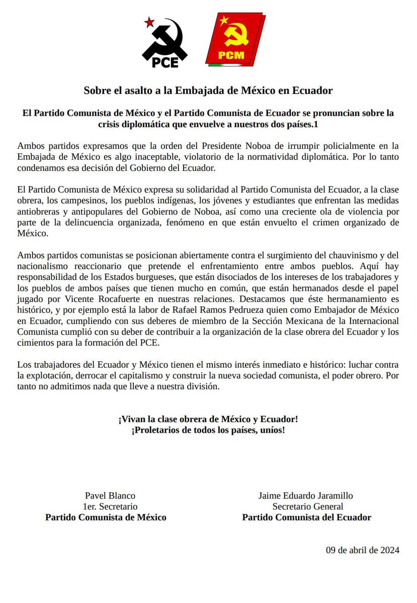 #SomosDelPCE || Desde el PC del Ecuador y el PC de México nos pronunciamos contra todo tipo de acción que pretenda minar la hermandad de nuestros pueblos. 'La clase trabajadora de México y Ecuador tienen el mismo interés, luchar contra la explotación y derrocar el capitalismo'