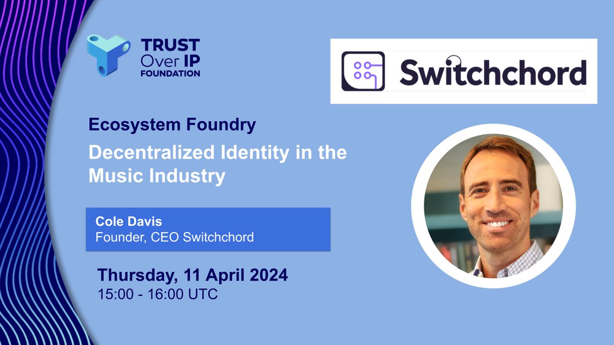 Cole Davis, Founder &amp; CEO of #Switchchord, will discuss with #ToIP how #decentralizedidentifiers and #verifiablecredentials streamline legal and operational workflows in the #musicindustry #copyright linkedin.com/events/decentr…