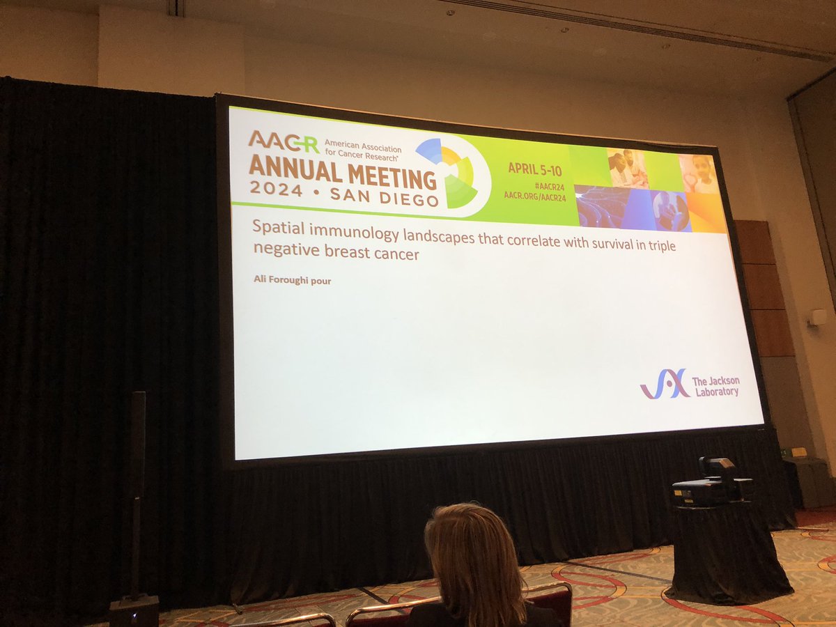 “Spatial” is a big concept at #AACR24, and @jacksonlab’s Ali Foroughi pour shows that spatial relationships between immune cells and TNBC cells within the tumor micro environment can impact patient survival.