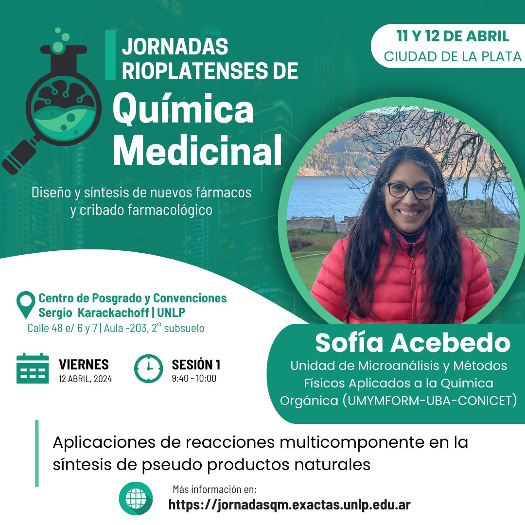 😊 Falta muy poco para encontrarnos!  Te presentamos a quienes nos van a acompañar con sus charlas.
👉Dra. Sofía Acebedo de <a href="/umymfor/">UMYMFOR</a>
presente en las jornadas!

+info en nuestra bio #IJRQM #quimicamedicinal

@exactas_UNLP
#CEDECOR
<a href="/LIDeB_UNLP/">LIDeB</a>
#jornadasqm