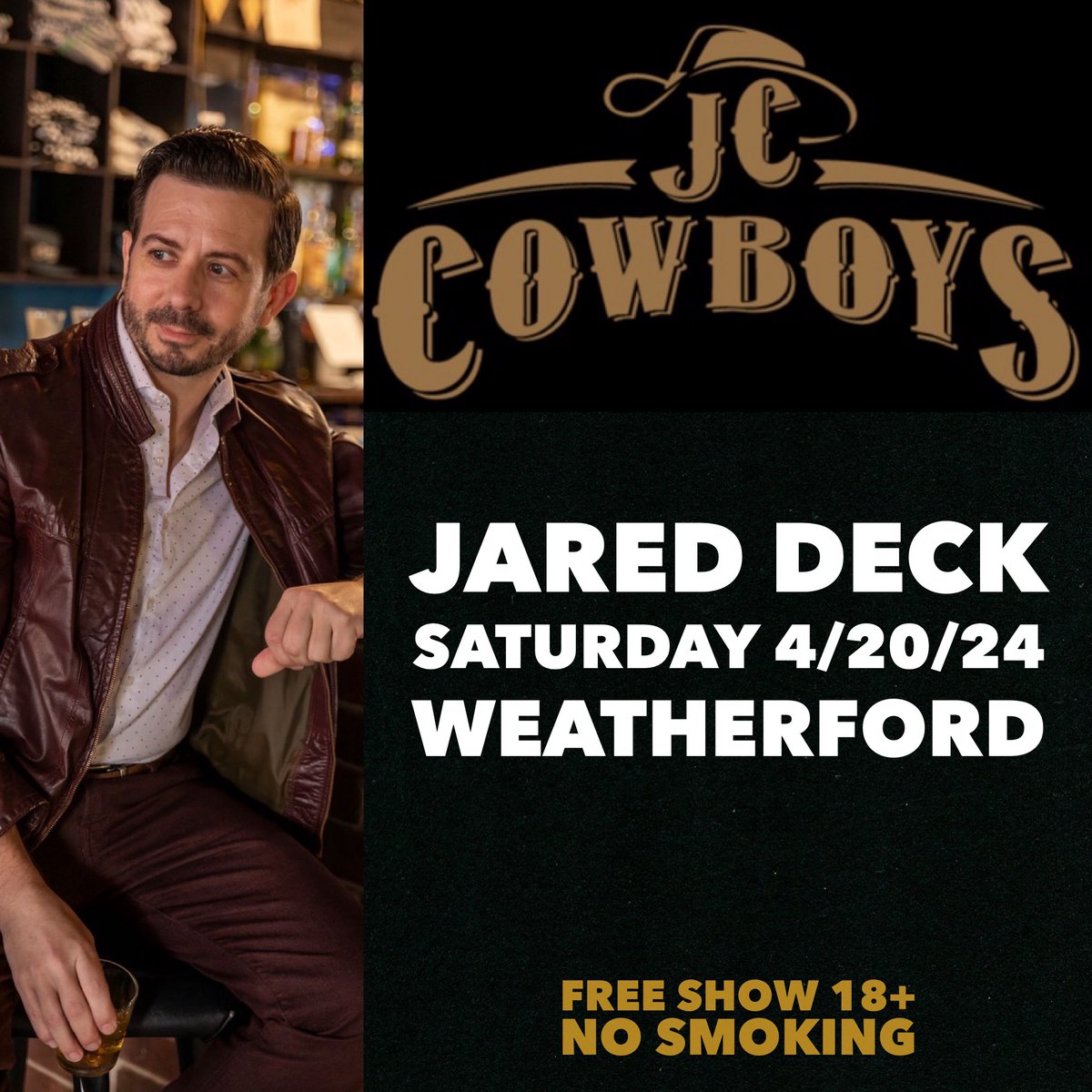 Jared is back with his band! Grab dinner and party with us at @JCCowboys. Doors at 4pm, show at 8:30pm. 18+, no cover, no smoke.

#weatherfordok #dubtown #jccowboys #oklahomamusic #texasmusic #reddirtmusic #americanamusic #clintonok #elkcityok