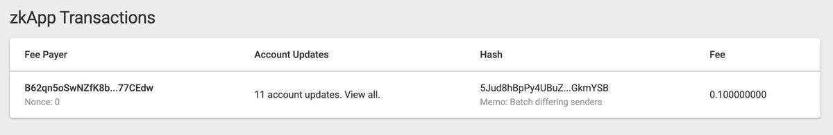 garethtdavies's tweet image. I just made the first zkApp transaction on #MinaProtocol recently upgraded devnet! 

This specific transaction batches many account updates into a single transaction. 

Next stop mainnet 🎉