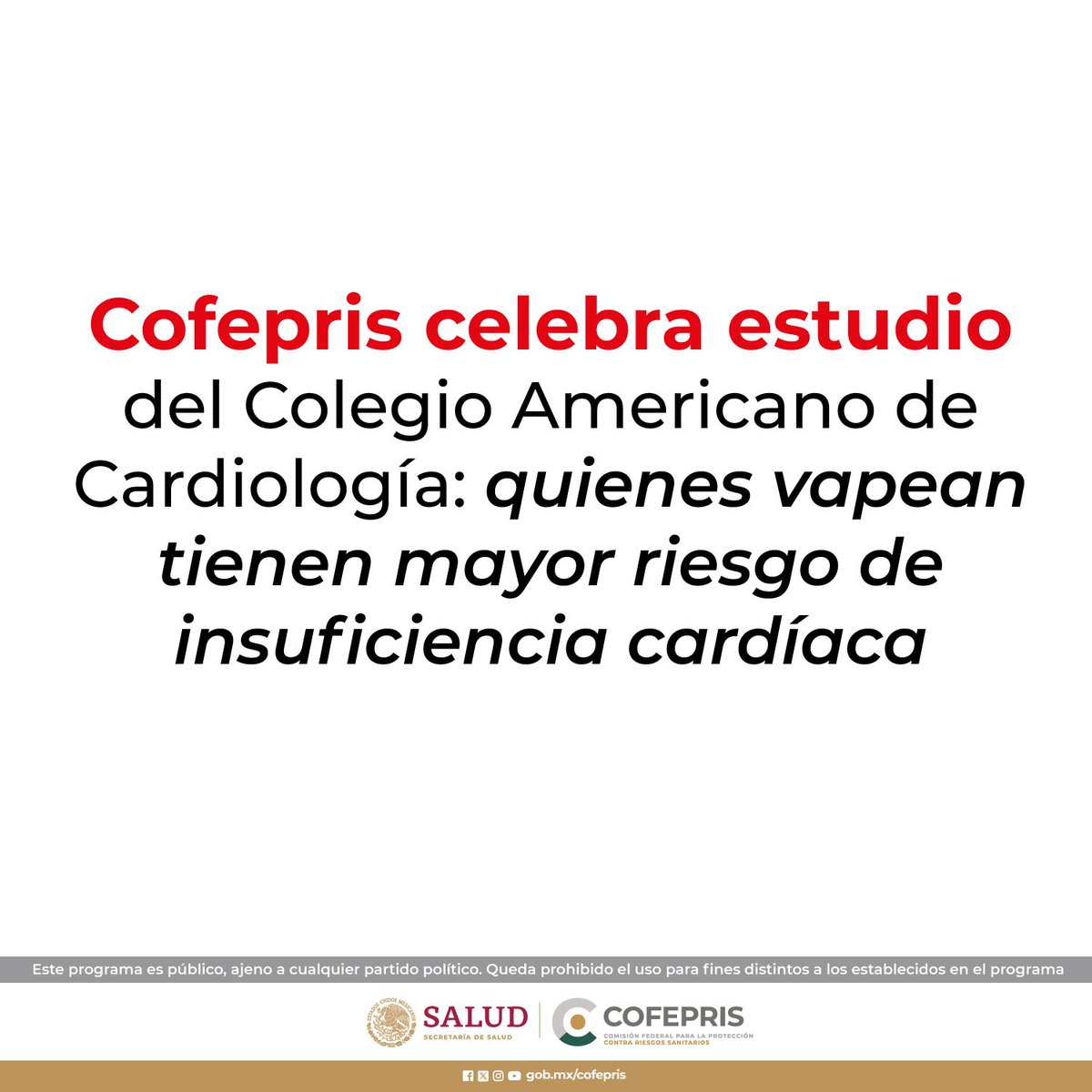 Cofepris celebra estudio del Colegio Americano de Cardiología: quienes vapean tienen mayor riesgo de insuficiencia cardíaca. 👉bit.ly/3Uc1Tw0