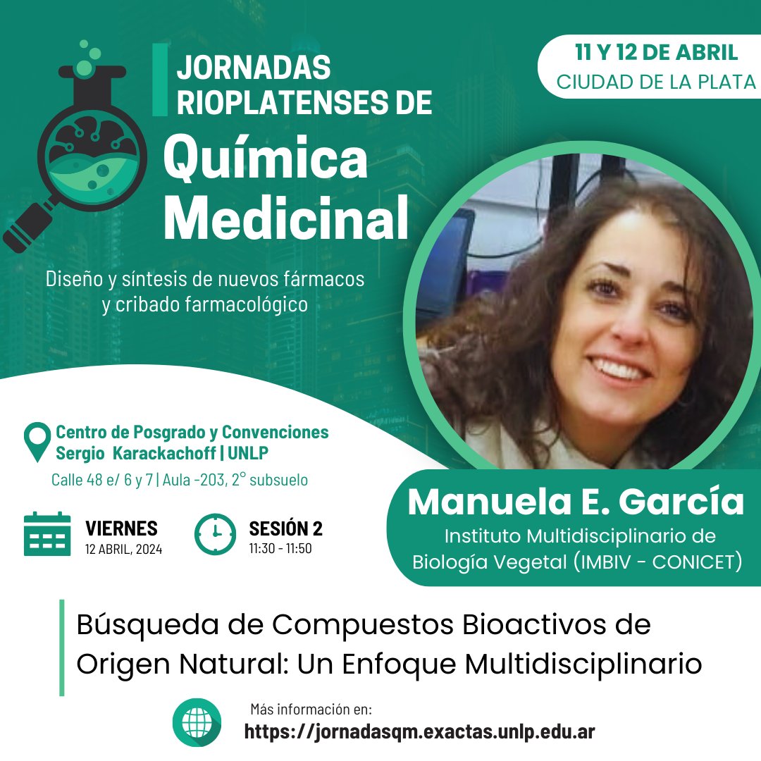😊 Falta muy poco para encontrarnos!  Te presentamos a quienes nos van a acompañar con sus charlas. 
👉Dra. Manuela García de @MBIVCONICETUNC
presente en las jornadas!  

+info en nuestra bio #IJRQM #quimicamedicinal

<a href="/exactas_UNLP/">Exactas | UNLP</a>
#CEDECOR
<a href="/LIDeB_UNLP/">LIDeB</a>
#jornadasqm