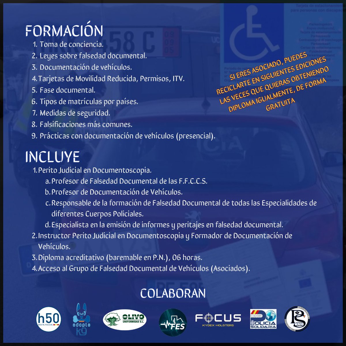 4ª Edición de nuestra Falsedad Documental en vehículos, en modalidad presencial y streaming (riguroso directo) para miembros de las F.F.C.C.S. (también Alumnos).

En nuestra casa @imfes_
#EsteEsElCamino #FalsedadDocumental #Formación