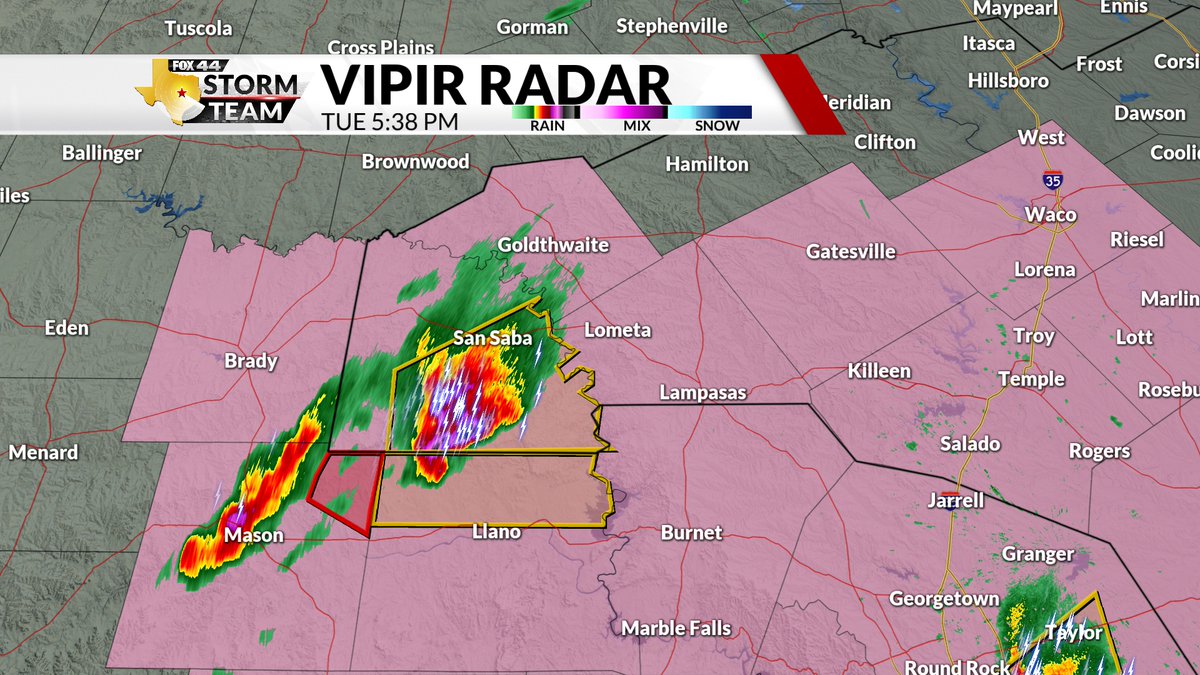 A SEVERE THUNDERSTORM WARNING has been extended till 6:30PM for San Saba County. Storms moving east at 35 mph. Main threats are Golf ball sized hail and 60 mph wind gusts. #fox44wx