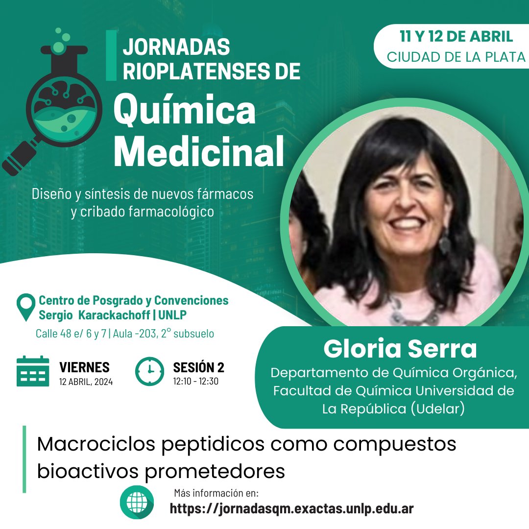 😊 Falta muy poco para encontrarnos!  Te presentamos a quienes nos van a acompañar con sus charlas. 
👉Dra. Gloria Serra de <a href="/FqUdelar/">.</a>
presente en las jornadas!  +info en nuestra bio #IJRQM #quimicamedicinal

<a href="/exactas_UNLP/">Exactas | UNLP</a>

#CEDECOR

<a href="/LIDeB_UNLP/">LIDeB</a>

#jornadasqm