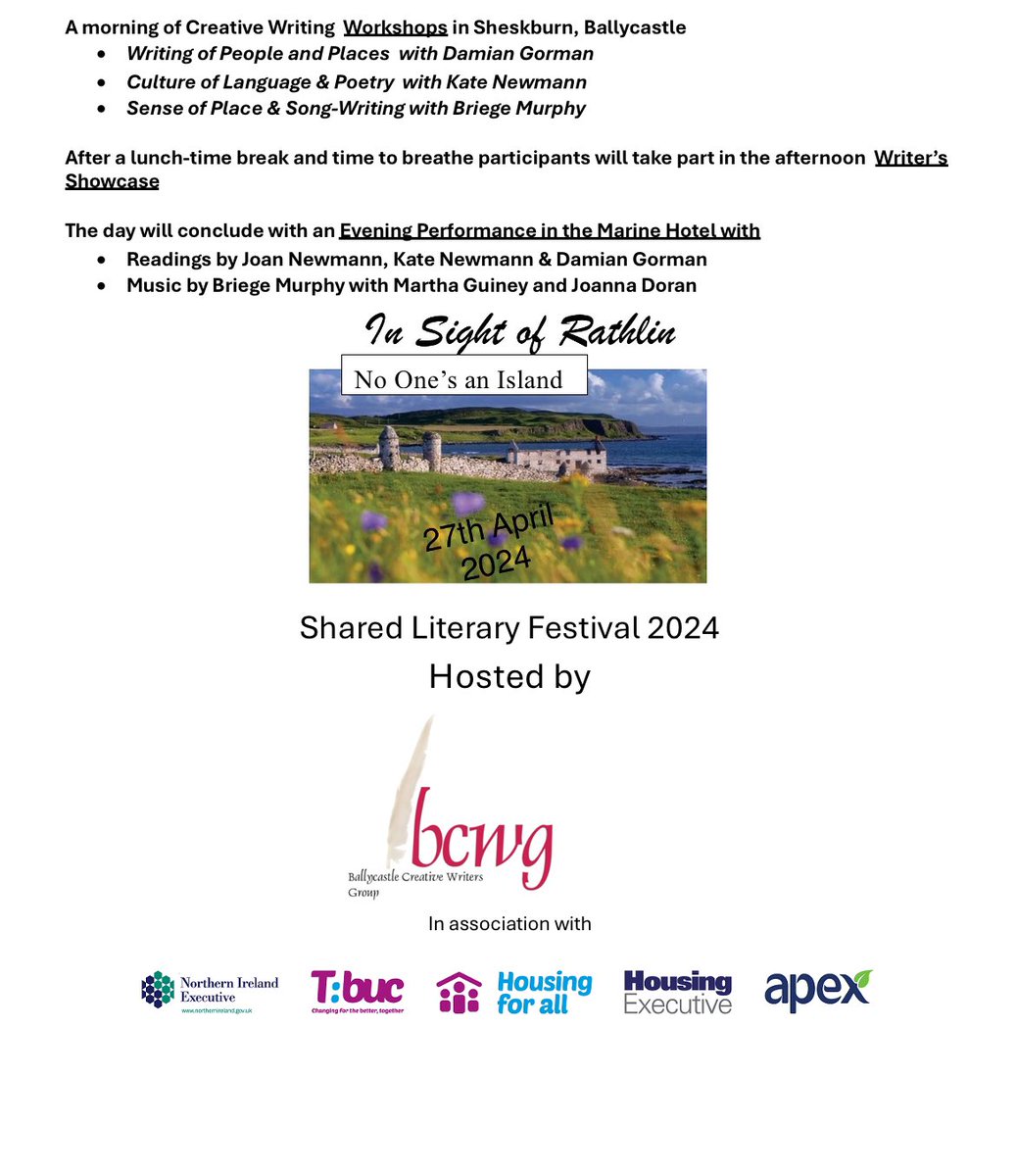 kaslass's tweet image. * * *  SAVE THE DATE  * * *
27th April 2024
Ballycastle Writers are excited to announce a programme of free events:#creative #writing #Songwriting #poetry