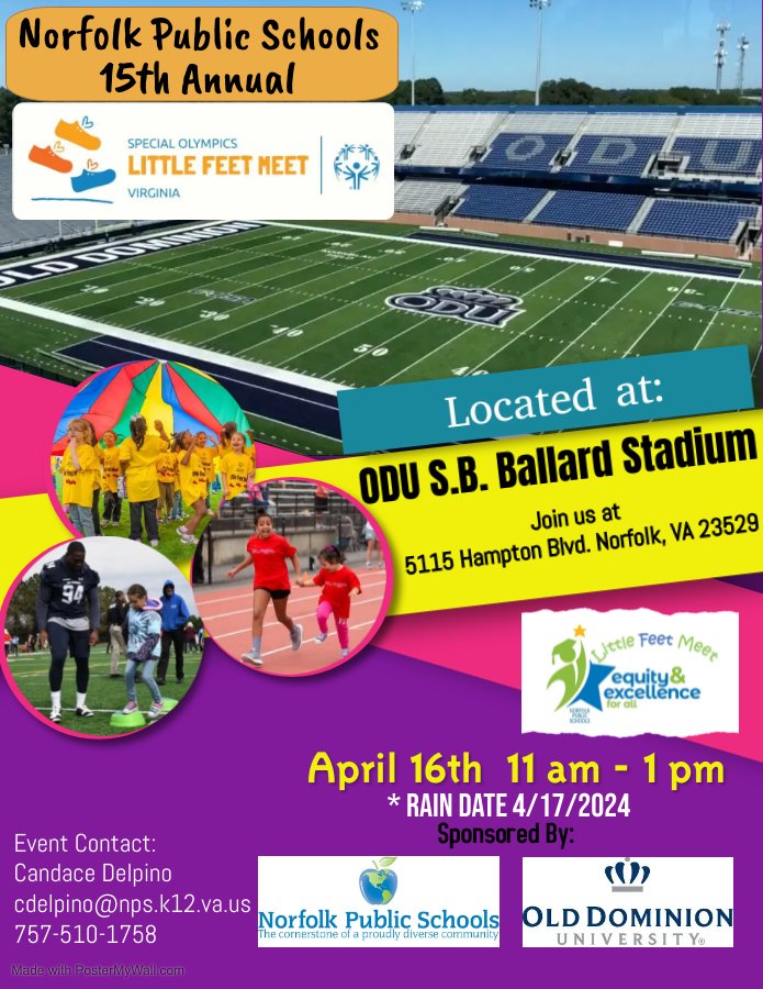 Tomorrow's the big day!!! Norfolk Public Schools' 15th Annual #LittleFeetMeet will be held on Tuesday, April 16, 2024 at Old Dominion University from 11 am to 1 pm.

We cannot wait, see you there!

#WeAreNPS #NPSInThisTogether #LittleFeetMeet2024