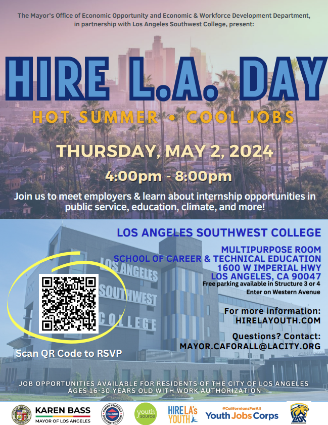YouthSource1's tweet photo. Excited to see the Economic Workforce Development Department hosting 3 #HireLosAngeles days!

4-8 PM, Thurs, May 2, 2024
Multi-purpose Room, School of Career &amp; Technical Education
1600 W Imperial Highway, LA CA 90047

Enter on Western Ave for Free Parking, Structure 3 + 4 https://t.co/Jo3ybsU5zg