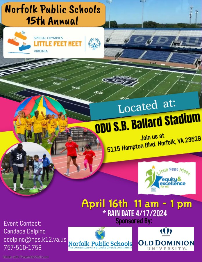 The big day is almost here!! Norfolk Public Schools' 15th Annual #LittleFeetMeet will be held on Tuesday, April 16, 2024 at Old Dominion University from 11 am to 1 pm.

We cannot wait, see you there!

#WeAreNPS #NPSInThisTogether #LittleFeetMeet2024