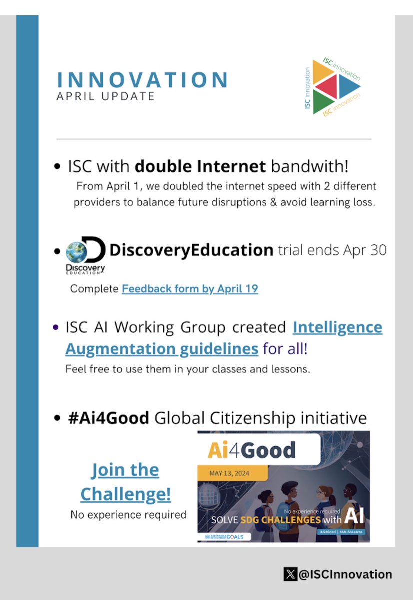 ISCinnovation's tweet image. #April Innovation updates come with tons of good news and initiatives 

#edtech #innovation #AI #GenAI #AMISA #AILiteracy #leadership