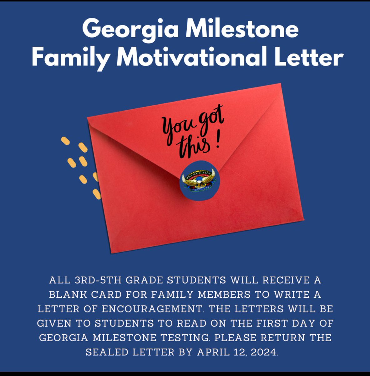 🦅 @PES_DCSD families! All 3rd-5th grade students will receive a blank card for family members to write a ✉️ of encouragement. The ✉️ will be given to students to read on the first day of GMAS testing (4/17). 😊@DeKalbSchools @McMillansCorner @YouKnowMrSmith5