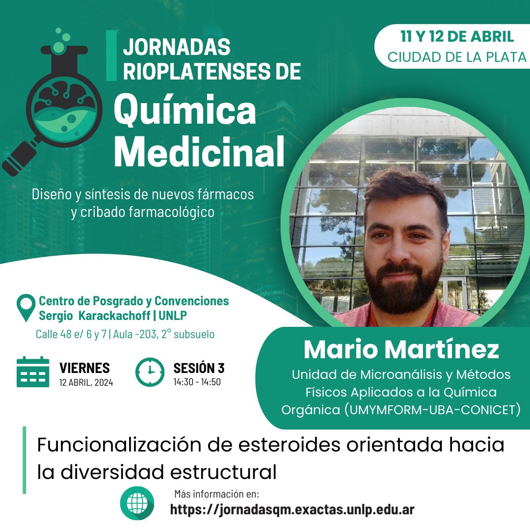 😊 Falta muy poco para encontrarnos!  Te presentamos a quienes nos van a acompañar con sus charlas. 
Dr. Mario Martínez de <a href="/umymfor/">UMYMFOR</a>
presente en las jornadas!  

+info en nuestra bio #IJRQM #quimicamedicinal

<a href="/exactas_UNLP/">Exactas | UNLP</a>
#CEDECOR
<a href="/LIDeB_UNLP/">LIDeB</a>
#jornadasqm