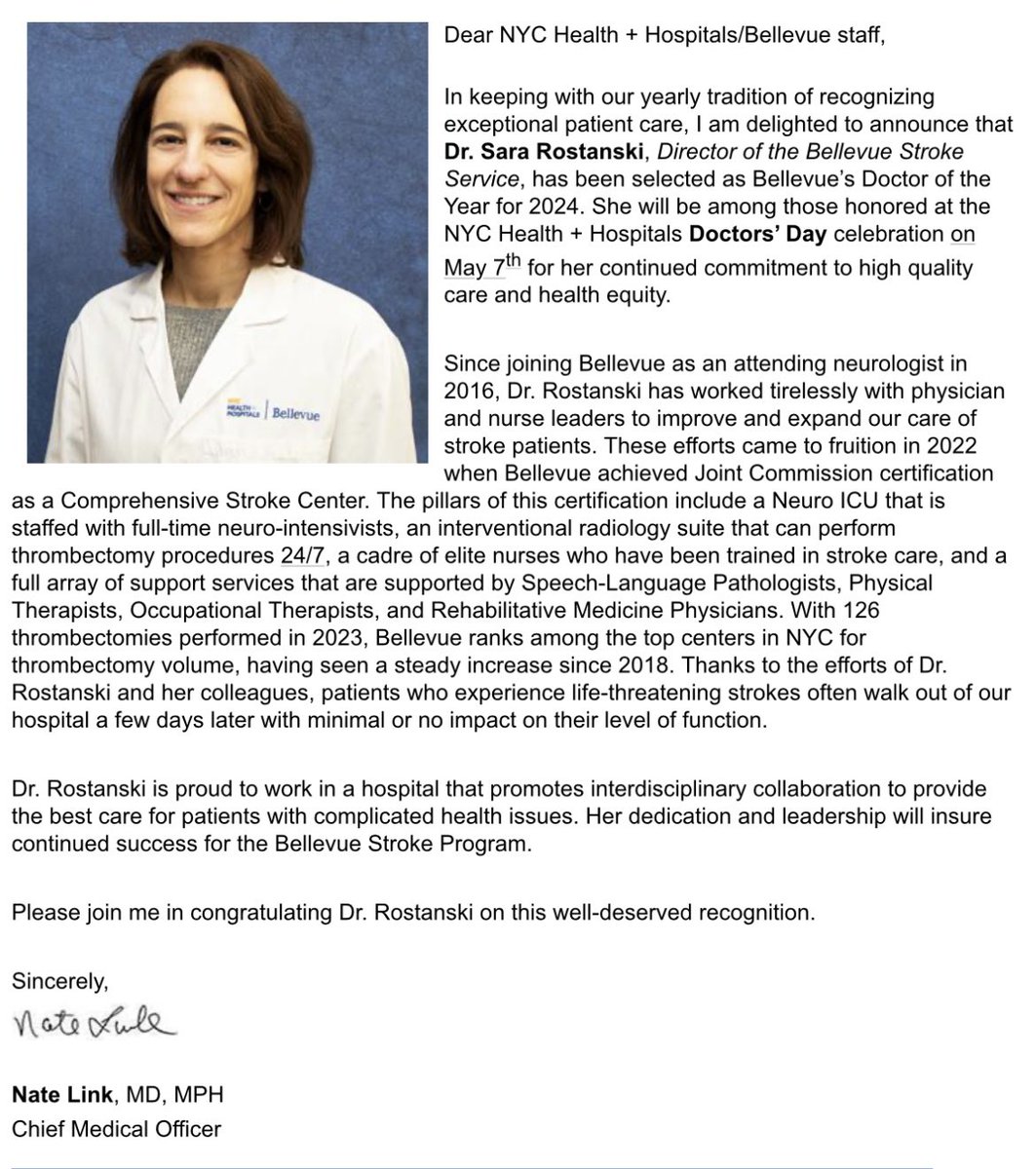 THRILLED that our amazing stroke attending Dr. Sara Rostanski was named DOCTOR OF THE YEAR at Bellevue Hospital!! Congrats Dr. Rostanski! 👏