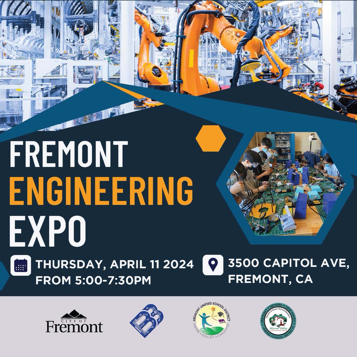 TONIGHT! Join the Fremont Engineering Expo from 5-7:30pm at the Downtown Event Center! See Fremont students' engineering projects &amp; meet local advanced manufacturing companies! Free food (limited supply), raffle prizes for #FremontUnified students!  More: fremontunified.org/events/2024-en…