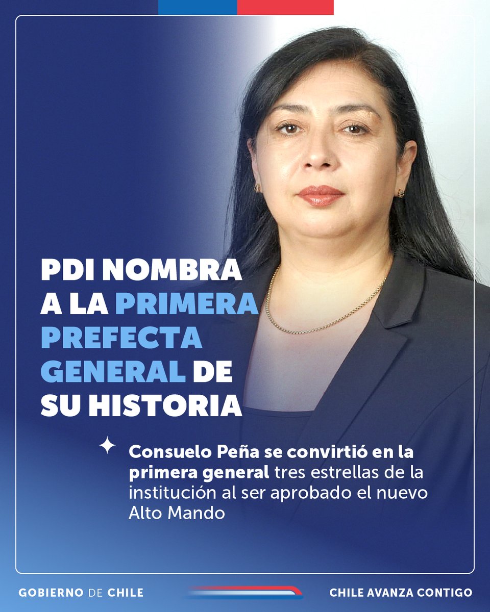 La detective Consuelo Peña San Miguel (51) se convirtió en la primera mujer que ostenta el grado de Prefecta General en la Policía de Investigaciones de Chile (@PDI_CHILE), a partir de la aprobación de Alto Mando Institucional 2024.