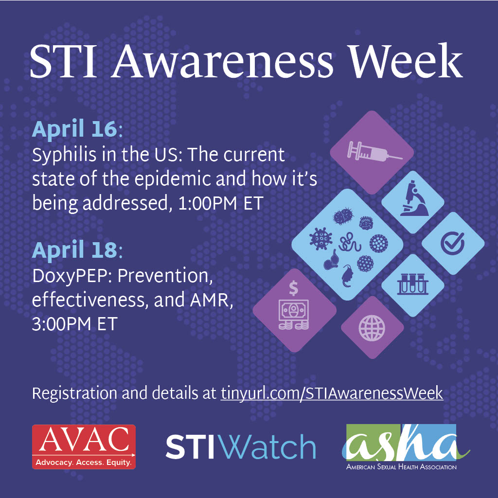 STI Awareness Week is only FIVE days away. Join @HIVpxresearch and @InfoASHA for two special webinars focused on syphilis and DoxyPEP. Register today at: tinyurl.com/STIAwarenessWe…